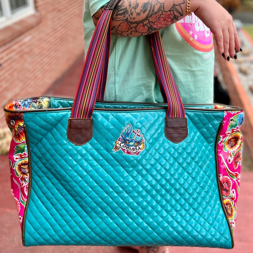 Consuela Teal Quilted Tote with Pink Floral Panels and Multicolor Straps